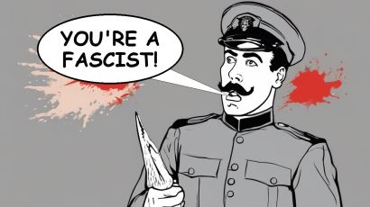Cartoon of a uniformed dictator caricature shouting You are a fascist