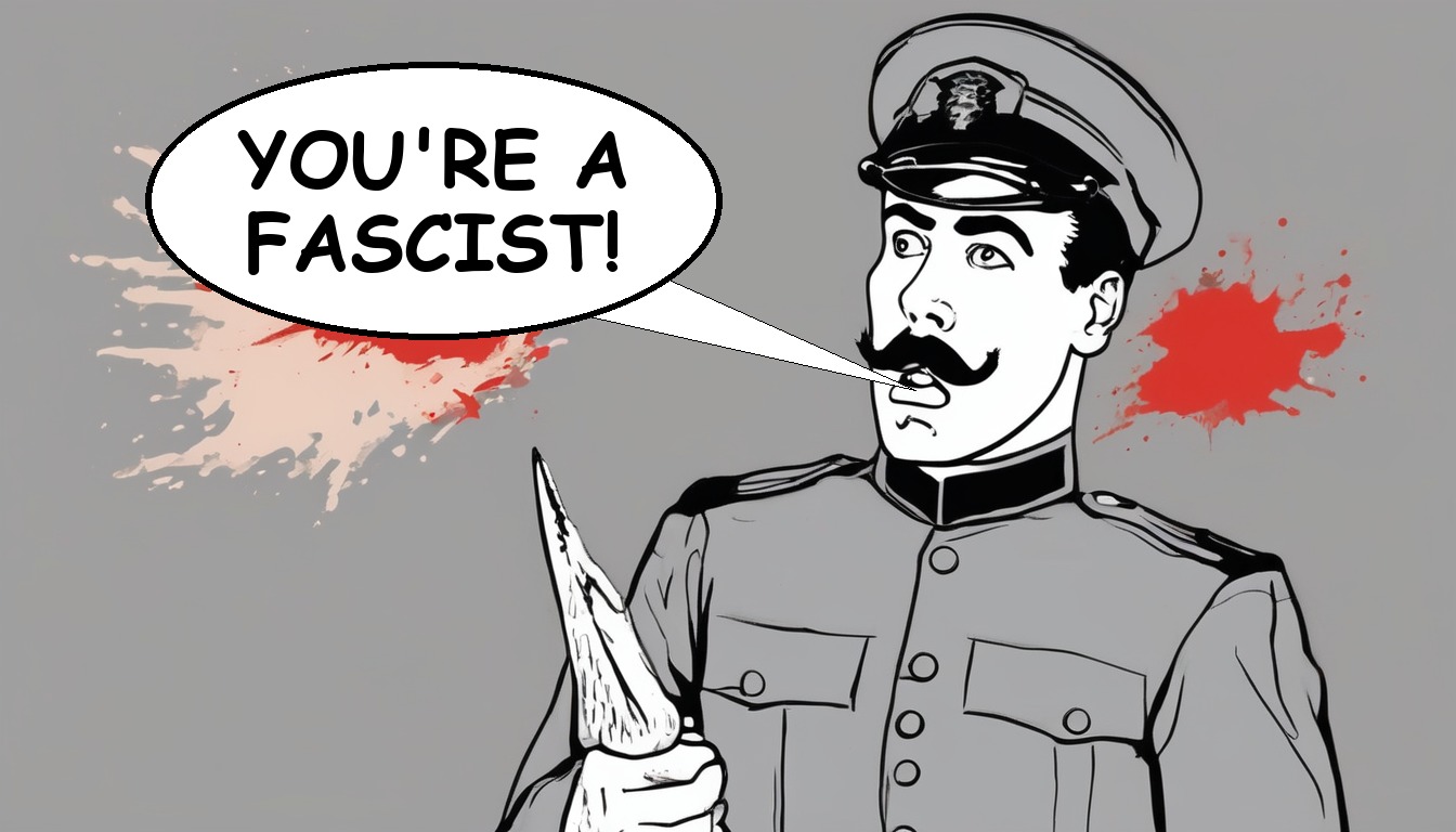 Cartoon of a uniformed dictator caricature shouting You are a fascist